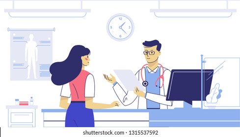 Medicine emergency concept with doctor and woman patient in flat style on hospital hall background. Young doctor receptionist man in reception room. First aid, consultation and medical diagnosis