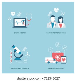 Medicine, emergency and health care concepts with icons and objects