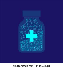 Medicine and equipment icon pattern in bottle with cross symbol shape outline stroke set dash line design illustration isolated on dark blue background