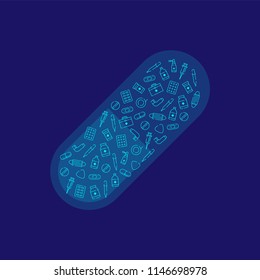 Medicine and equipment icon pattern in capsule shape outline stroke set dash line design illustration isolated on dark blue background