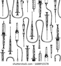 Medicine Equipment Seamless Pattern. Hand Drawn Medical Syringes Background. Treatment Tools Drawings. Vector Syringes In Engraved Style For Medicinal Procedures Backdrop. Vintage Illustration.