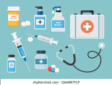 Medicine.  First aid kit, stethoscope, and syringe for injection with blue vaccine and empty, vial of medicine,  medical bottles and pills, and hand sanitizer. Vector illustration