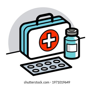 Medicine first aid medical kit theme pills and bottles 3d vector illustration isolated, medicaments and drugs, health care meds cartoon, vitamins or antibiotics, simple linear design.