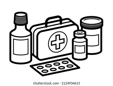 Medicina botiquín médico de primeros auxilios píldoras y botellas Ilustración vectorial 3d aislada, medicamentos y medicamentos, dibujos animados de medicamentos para la atención de la salud, vitaminas o antibióticos, diseño lineal simple.