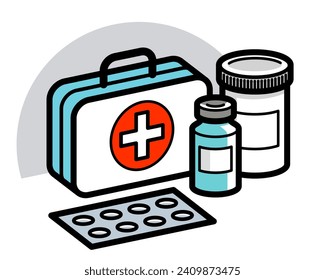 Medicina botiquín médico de primeros auxilios píldoras y botellas Ilustración vectorial 3d aislada, medicamentos y medicamentos, dibujos animados de medicamentos para la atención de la salud, vitaminas o antibióticos, diseño lineal simple.