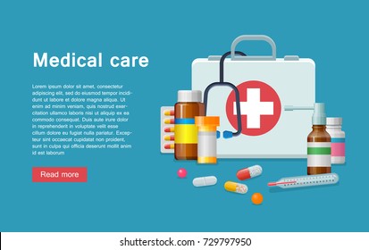 Medicine first aid supplies banner. A medical first-aid kit and tools like banner for designers and illustrators. Doctor's emergency instruments as vector illustration