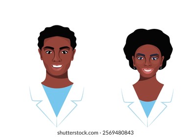 Medicine flat avatars set with black male and female doctors in medical robe. Medical clinic team. Vector illustration