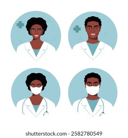 Medicine flat avatars set with black male and female doctors. Medical clinic team. Round icons medical collection, vector illustration
