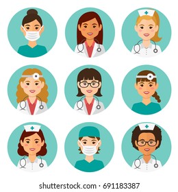 Medicine flat avatars set with doctors and nurses. Round icons women collection, vector illustration.