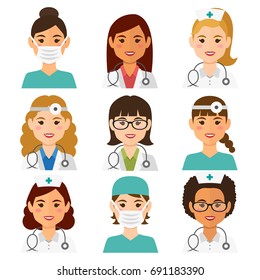 Medicine flat avatars set with doctors and nurses. Women collection, vector illustration.