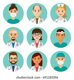 Medicine flat avatars set with doctors and nurses. Round icons medical collection, vector illustration.