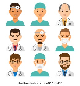 Medicine flat avatars set with doctors and nurses. Men collection, vector illustration.