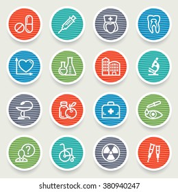 Medicine flat contour icons with color stickers on gray background.