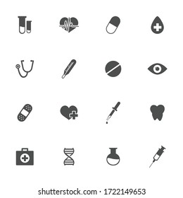 Iconos planos de medicina en gris. Conjunto de 16 piezas.