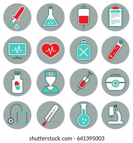 Medicine flat icons set with pills thermometer pulse test tube dropper syringe stethoscope poison isolated vestor illustration