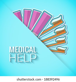 Medicine flat icons  toothpaste and brush set concept. Vector illustration