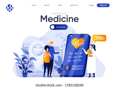 Medicine flat landing page. Cardiology patients getting result of laboratory analysis vector illustration. Mobile application for online medical consultation web page composition with people character