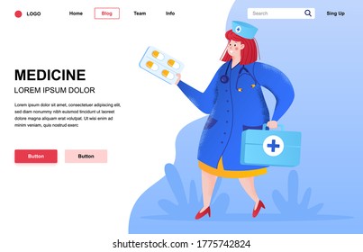 Medizinische flache Landung Seite Zusammensetzung. Lächelnde Therapeutin, die Tabletten hält. Farbige Menschen Charakter mit Rauschen Textur Vektorgrafik. Medizinische Diagnose und Behandlung, Pharmaunternehmen