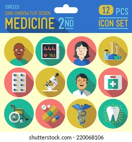 Medicine flat long shadow design circle 2nd icon set. Trendy illustrations. Vector.