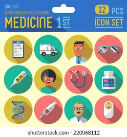 Medicine flat long shadow design circle 1st icon set. Trendy illustrations. Vector.