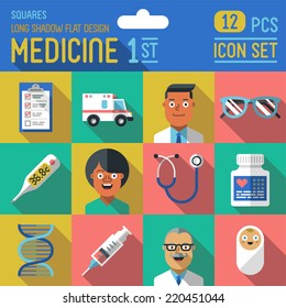 Medicine flat long shadow design square 1st icon set. Trendy illustrations. Vector.