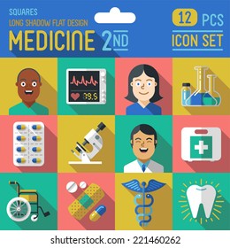 Medicine flat long shadow design square 2nd icon set. Trendy illustrations. Vector.