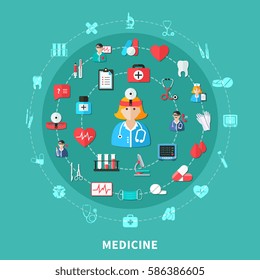 Composición plana de la medicina con los médicos que trabajan herramientas y equipos de atención de emergencia en la ilustración de los vectores de fondo verde