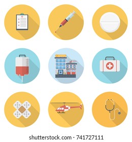 Medicine flat style with long shadows, health care and medicine illustrations icons set. Vector illustration