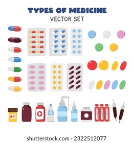 Medicine flat vector set. Different types of medicines clipart cartoon style. Pills, capsules, bottles, tablets, sprays. Medical drug, vitamin, antibiotic. Pharmacy, hospital and medical concept