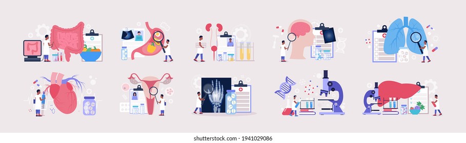 medicine Flat vector set. Genetics, Cardiology, Pulmonology, Rheumatology, Gastroenterology, Neurology, Gynecology, urology, Proctology, Hepatology concept