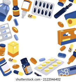 Medicine. Frame with Tablets, capsule blisters, glass bottles with liquid medicines and plastic tubes with caps. Pharmacy store concept. Vector illustration.