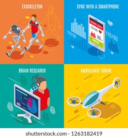 Medicine of the future isometric 2x2 design concept with high technology medical devices tools and appliances vector illustration