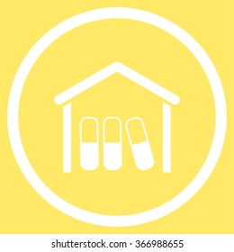 Medicine Garage vector icon. Style is flat circled symbol, white color, rounded angles, yellow background.