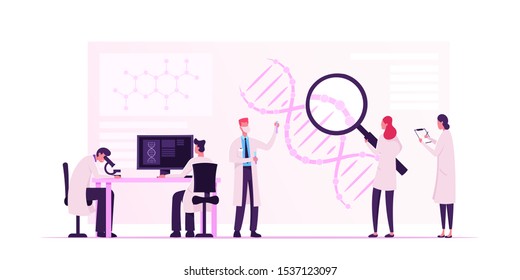 Tecnología Genética de Medicina. Científicos trabajando con estructura de ADN mirando a través de grandes cristales de magnificación haciendo notas sobre Pc. Investigación Laboratoria o Proceso Experimental. Ilustración de vectores planos de caricaturas