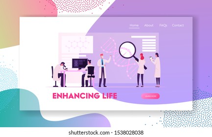 Medicine Genetic Technology Website Landing Page. Scientists Working with Dna Looking Huge Magnifying Glass, Making Notes on Pc. Laboratory Research Web Page Banner. Cartoon Flat Vector Illustration