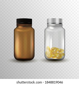 Medicine glass bottle isolated on transparent background. 3d realistic Medicine bottle full of pills or dragee. Pharmaceutical product packaging mockup.