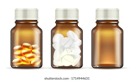 Medicine glass bottles. Realistic pills bottle. Isolated transparent medication packaging vector mockup