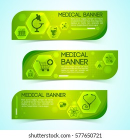 Medicine green horizontal banners set with science and treatment symbols flat isolated vector illustration