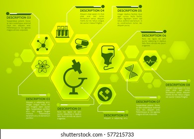 Medicine green poster with healthcare and treatment symbols flat vector illustration