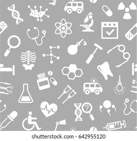 Medicine, grey background, flat, seamless, vector. Medical services specialization. The profession of doctors. Medical instruments. White, flat pictures on a gray field. Vector background. 