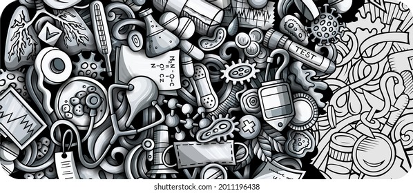 Medicine hand drawn doodle banner. Cartoon vector detailed flyer. Illustration with medical objects and symbols. Graphics horizontal background