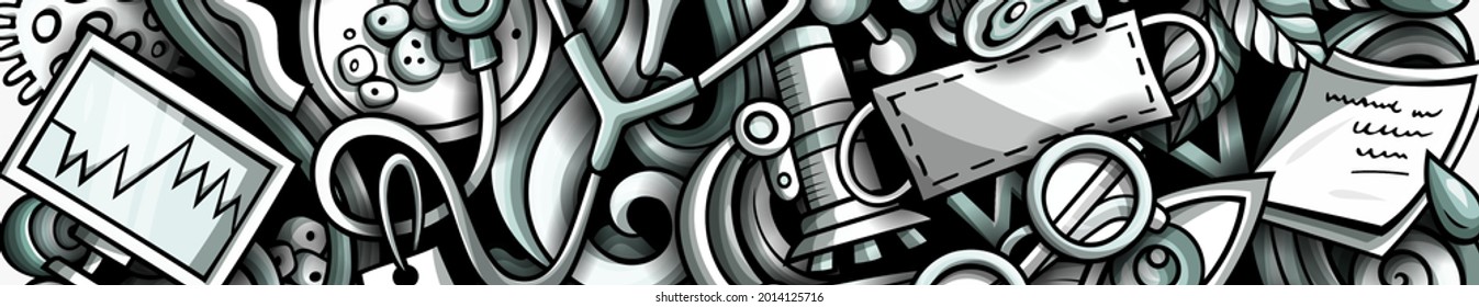 Medicine hand drawn doodle banner. Cartoon vector detailed flyer. Illustration with medical objects and symbols. Graphics horizontal background