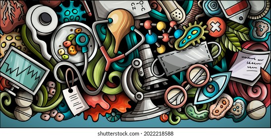 Medicine hand drawn doodle banner. Cartoon vector detailed flyer. Illustration with medical objects and symbols. Colorful horizontal background