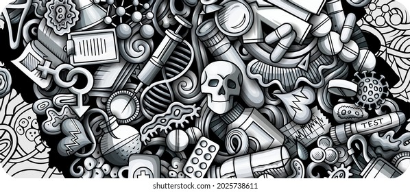 Medicine hand drawn doodle banner. Cartoon vector detailed flyer. Illustration with medical objects and symbols. Graphics horizontal background