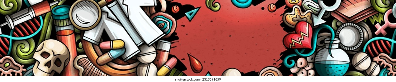 Medicine hand drawn doodle banner. Cartoon vector detailed flyer. Illustration with medical objects and symbols. Colorful background