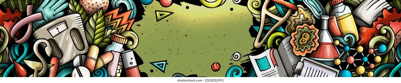 Medicine hand drawn doodle banner. Cartoon vector detailed flyer. Illustration with medical objects and symbols. Colorful background