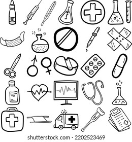 Medicine Hand Drawn Doodle Line Art Outline Set Containing Medicine, syringe, thermometer, pills, tablet, capsule, stretcher ambulance, face mask, medical monitor, crutch, band-aid, first aid kit