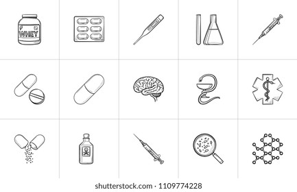 Medicine hand drawn outline doodle icon set for print, web, mobile and infographics. Health, pharmacy, chemistry and anatomy vector sketch illustration set isolated on white background.