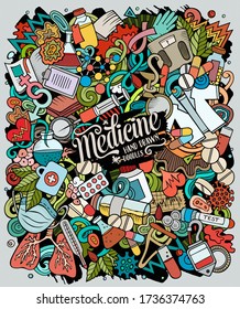 Ilustración de doodles vectoriales dibujados a mano por la medicina. Diseño de afiches médicos. Fondo de dibujos animados de elementos científicos y objetos. Colores brillantes imagen divertida