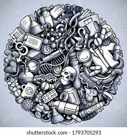Ilustración de doodles vectoriales dibujados a mano por la medicina. Diseño de afiches médicos. Fondo de dibujos animados de elementos científicos y objetos. Imagen divertida de tono
